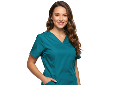 Young woman in teal scrubs isolated on transparent background