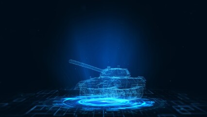 Futuristic Holographic Tank on Digital Grid with Blue Glow Against Dark Background