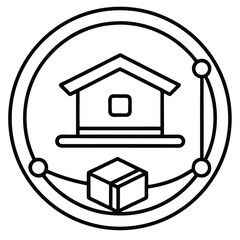 Simple house and cube symbol with connecting lines icon line art