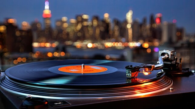 Record player atop NYC skyline at night