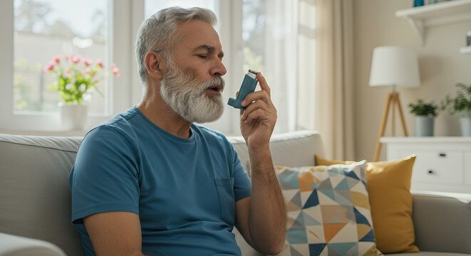 Mature man with beard using asthma inhaler for respiratory relief at home