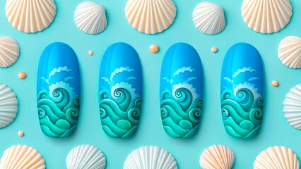 Beautiful ocean wave nail art design with seashells on a light blue background creates a charming coastal vibe