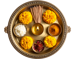  Traditional Brass Puja Thali with Burning Incense, Marigold Flowers, and Lit Oil Lamp, Top View, isolated on transparent background PNG