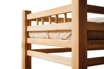 Close-up of wooden bunk bed frame.  Light-colored wood, simple design,  cream-colored mattress visible