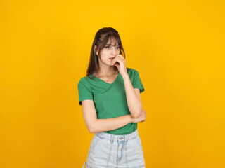 Anxious sad woman, portrait of young caucasian attractive 20s brunette anxious sad woman isolated...