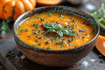 Crema de calabaza servida en un plato hondo. Plato de oto&ntilde;o saludable.