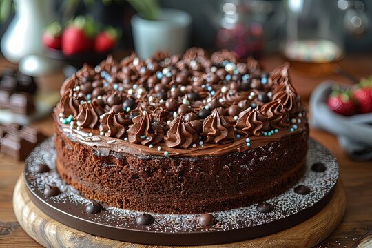 Pastel de bizcocho de chocolate y decorado con crema repostera y decorado con polvo de az&uacute;car glas. 