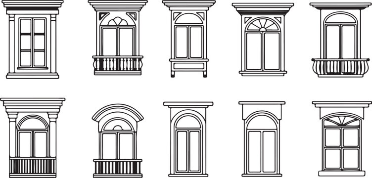 Assortment of Classical Window and Balcony Line Art Designs architecture facade
