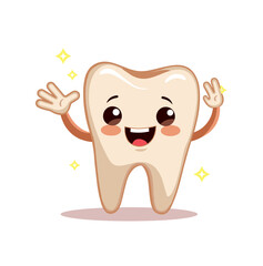 Cartoon-style happy tooth character with arms waving and sparkling stars against a white background