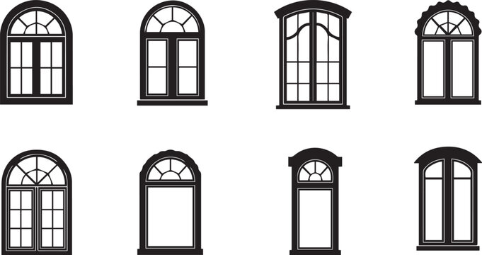 Assortment of eight black silhouette icons showcasing arched and decorative window designs architecture