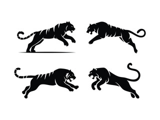 Obraz premium Flat vector silhouette of a tiger leaping forward, muscular pose with claws extended
