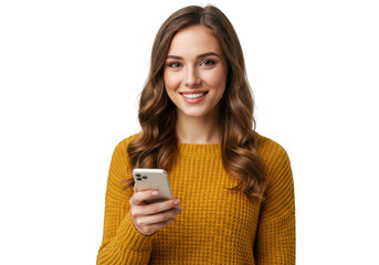 Smiling woman holding a smartphone isolated on transparent background