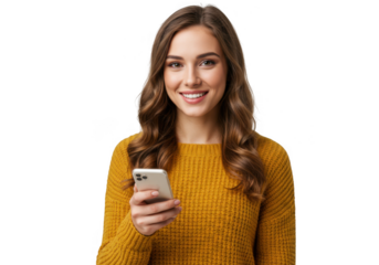 Smiling woman holding a smartphone isolated on transparent background