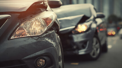 Car crash accident with two damaged cars on city street, showing broken headlights and crushed body panels in tense urban environment