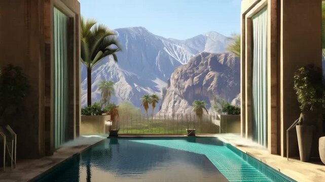 A luxurious pool with mountain views, surrounded by palm trees and comfortable furniture, creates the perfect atmosphere for relaxation. Suitable for advertising premium resorts and properties.
