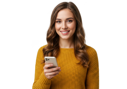 Smiling woman holding a smartphone isolated on transparent background