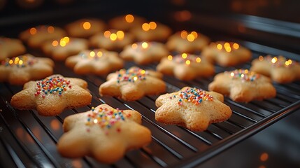 Star-Shaped Cookies with Colorful Sprinkles Baking in Oven