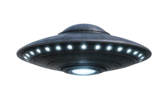 Advanced Extraterrestrial Craft with Glowing Lights Hovering in Darkness, Representing Space Exploration and Mystery