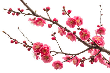 Ai generated image of a closeup studio shot of a blooming plum tree branch with vibrant pink blossoms and buds, isolated on a transparent background, capturing the delicate beauty of spring
