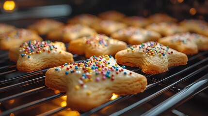 Star-Shaped Cookies with Colorful Sprinkles Baking in Oven
