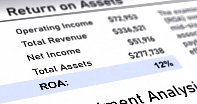 ROA financial report with changing animated data, return on assets document, ROA calculator statement, footage