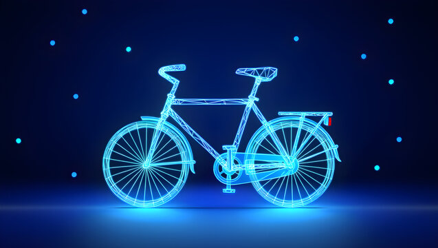 Glowing blue bicycle with polygon design on a dark background - Powered by Adobe