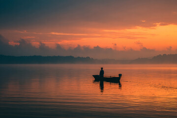 Small fishing boat on a calm lake at dawn, silhouette of fisherman