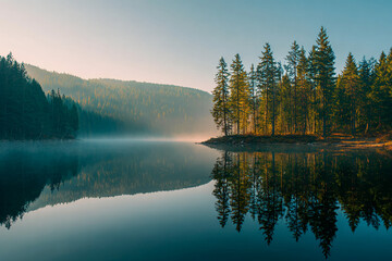 Fototapeta premium Still lake at sunrise reflecting surrounding pine forest, open misty sky