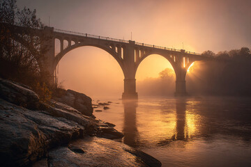 Fototapeta premium Stone arch bridge over a misty river at dawn, warm golden light filtering through fog