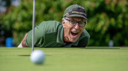 Elderly man wearing glasses and cap excitedly watching golf ball on green near hole, enjoying sunny day outdoors on golf course