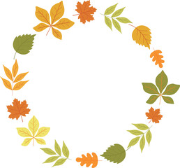 Round autumn frame  with different colorful leaves on the transparent background. 