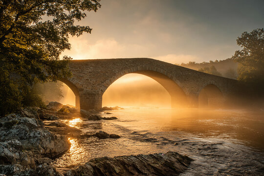 Stone arch bridge over a misty river at dawn, warm golden light filtering through fog