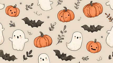 Simple seamless doodle Halloween pattern with cute ghosts, pumpkins, and bats in hand-drawn vector style, ideal for festive packaging, autumn textiles, and party-themed seasonal decorations