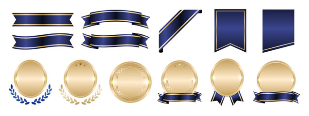 サテンのグラデーションリボンとメダルのあしらい・フレームセット(高級感 装飾 デザイン素材 グラフィック素材 エレガント ベクター 編集可能 青 紺)
