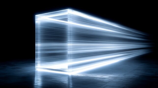 A glowing blue geometric cuboid emits soft luminescent light in a dark environment,