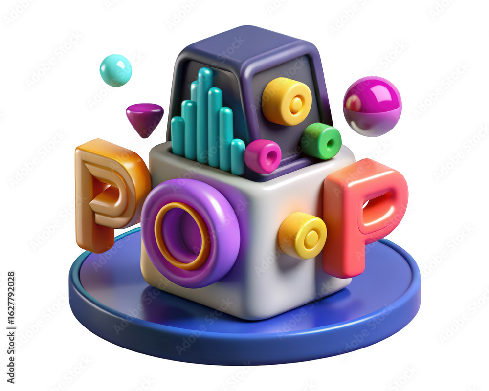 Aufkleber abstract geometric shape composition featuring 3d elements and word pop design,rendered in high qual