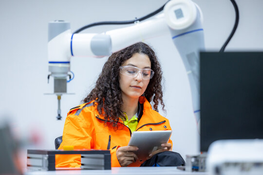 Female industrial engineer study inspection control robot arm machine in robotics engineering, Robotic learn operating, programming, troubleshooting quality control demonstrations of robotic arms. AI - Powered by Adobe