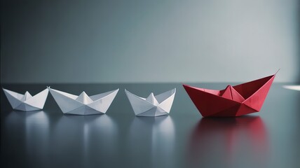 Red origami boat leads white boats, symbolizing leadership and individuality in a group