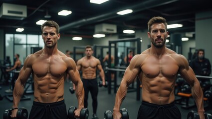Fototapeta premium Muscular Men Performing Dumbbell Exercises in a Gym Setting Focused on Strength Training and Bodybuilding