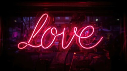 Obraz premium Bright Neon Love Sign Glowing Warmly in the Dark Cityscape