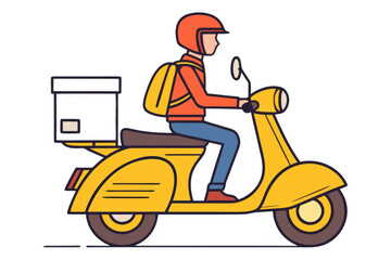 Delivery person riding a yellow scooter with a package isolated on transparent background isolated on white background