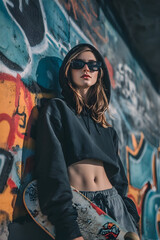 Skateboarder posing confidently against a vibrant graffiti wall in an urban setting during a sunny afternoon