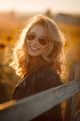 Young woman enjoying a sunny evening in a sunflower field while wearing sunglasses and a leather jacket, smiling warmly at the camera