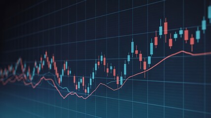Closeup of a financial stock market trading chart with upward trend, showing investment data