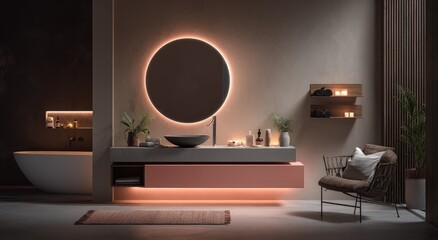 Modern bathroom with warm lighting and minimalist decor