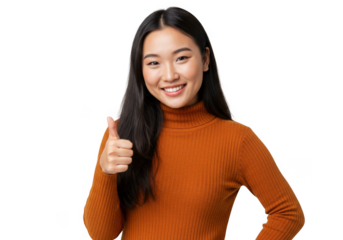 Young asian woman giving thumbs up isolated on transparent background