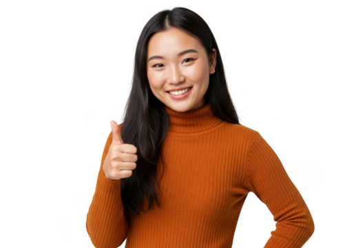 Young asian woman giving thumbs up isolated on transparent background