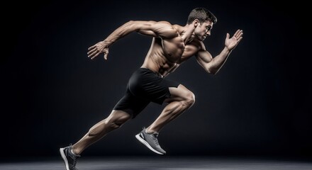 Muscular man sprinter running fast. Athlete with strong body performing intense dynamic workout. Speed and fitness training for competition.