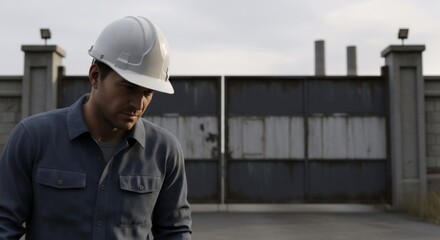 Concentrated caucasian man builder in white hard hat looking down in front of a factory gate. Male industrial worker or engineer.