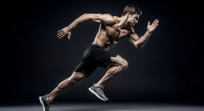 Muscular man sprinter running fast. Athlete with strong body performing intense dynamic workout. Speed and fitness training for competition.